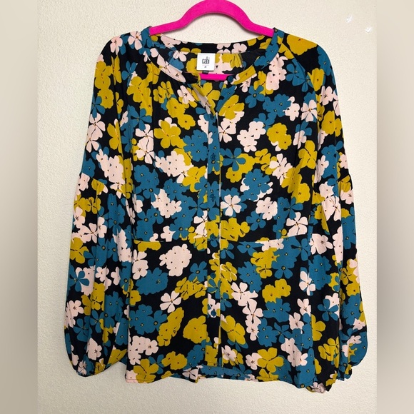 CAbi Favorite Retro Floral Bishop Sleeve Button Down Blouse M - Picture 2 of 10